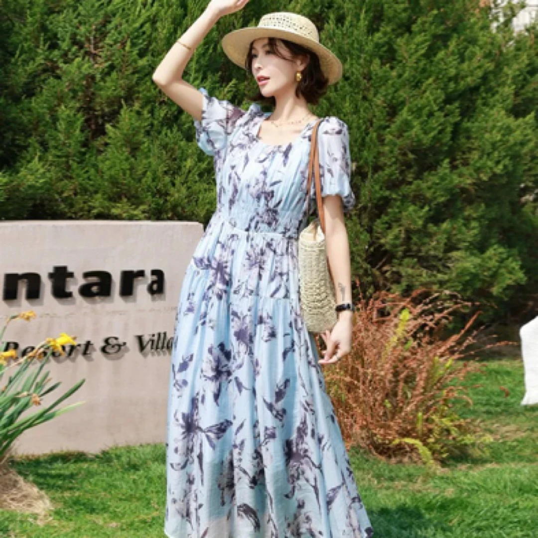 法式度假风泡泡袖气质连衣裙93810