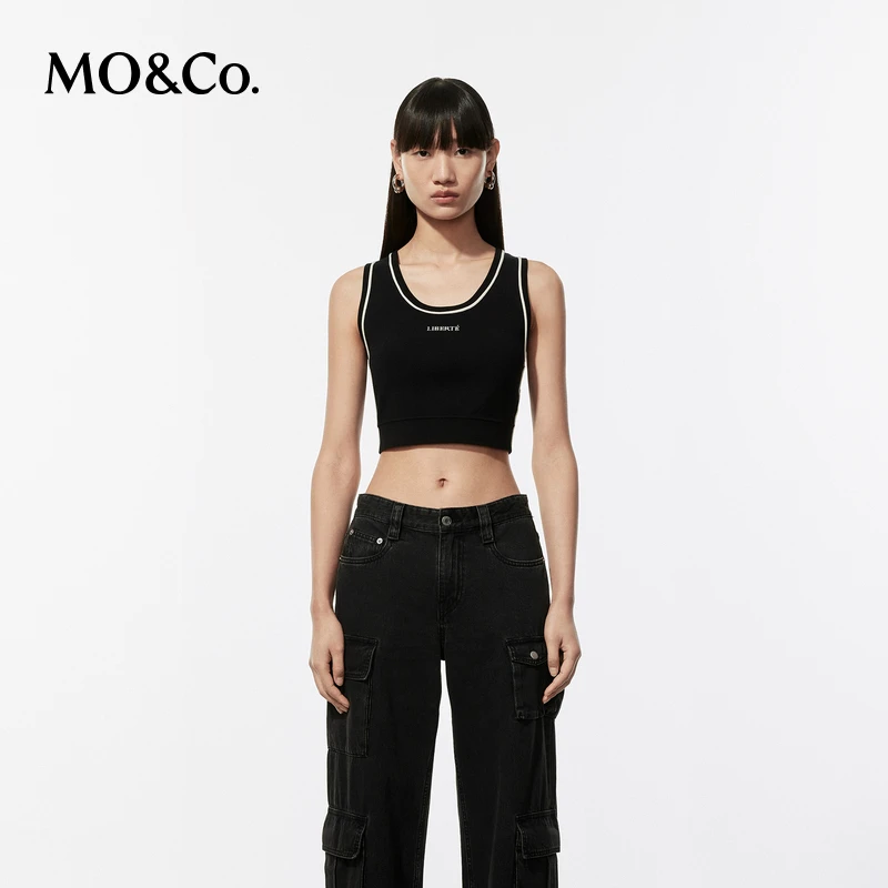 【诗语专属】MOCO夏运动风U领撞边提花短款针织工字背心MBD2SWT017