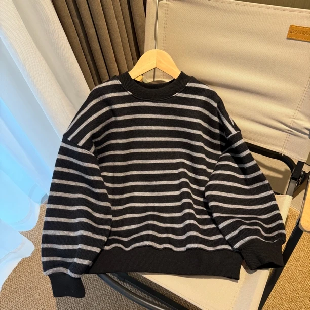 【加绒】男童秋冬新款加绒圆领套头卫衣黑色条纹针织毛衣韩版女童