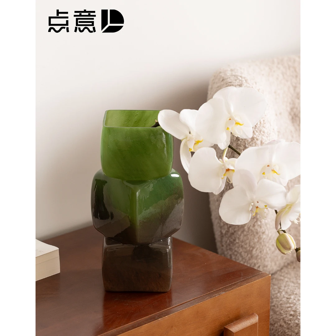 渐变方口家居琉璃花瓶中古设计感几何小众绿色ins风方块装饰原创