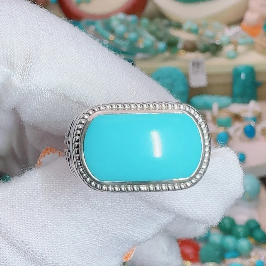 绿松石银S925镶嵌珠宝奇石高瓷蓝马鞍戒