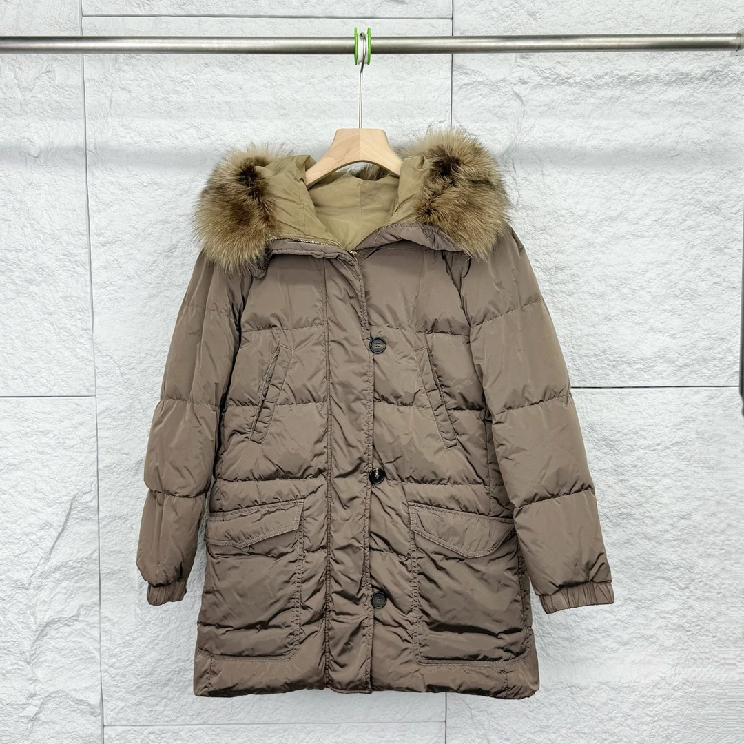 99新 MaxMara 36码/棕色连帽中长款绗缝羽绒服/18613267