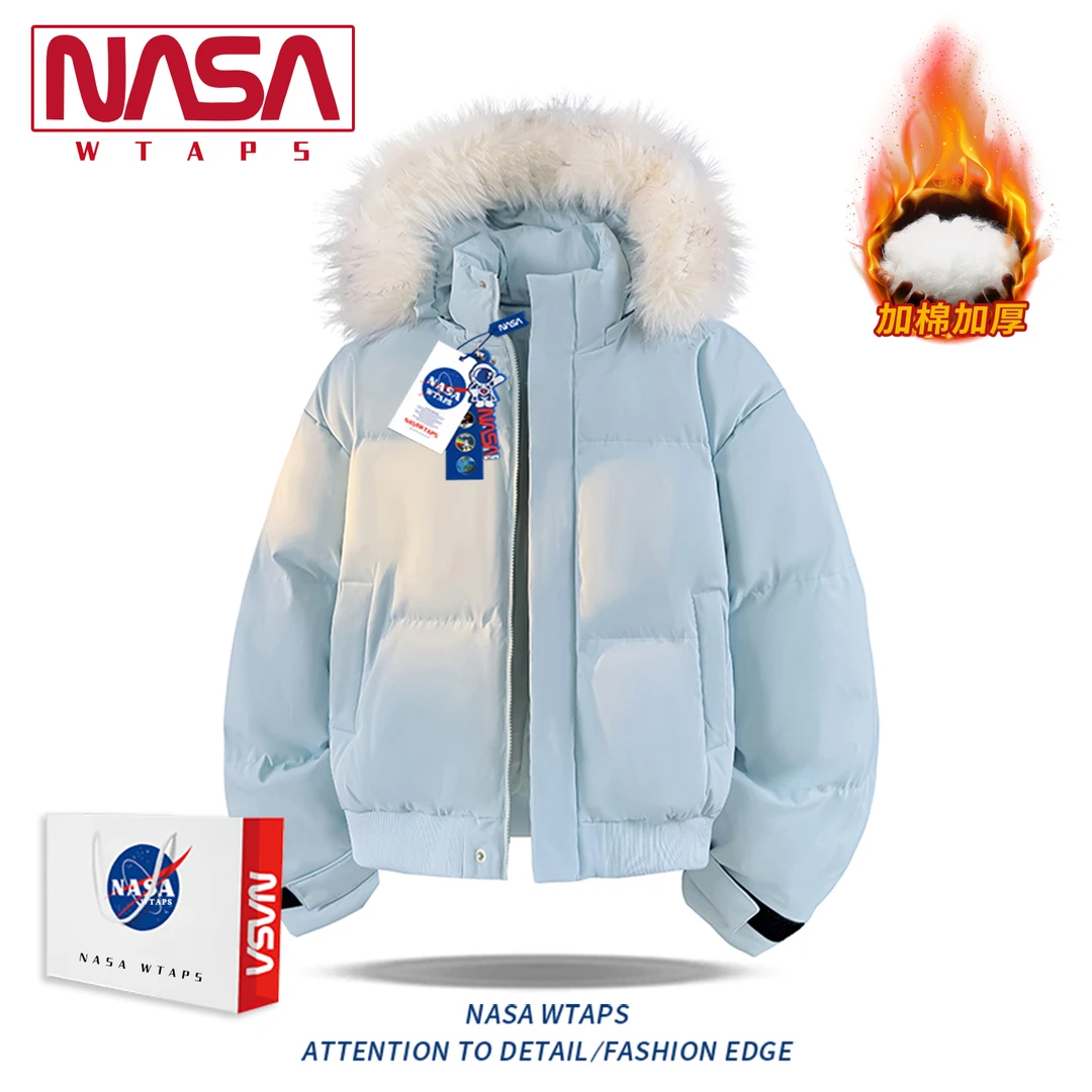 NASA WTAPS美式复古可拆卸毛领连帽棉服男款冬季加厚棉袄子外套男