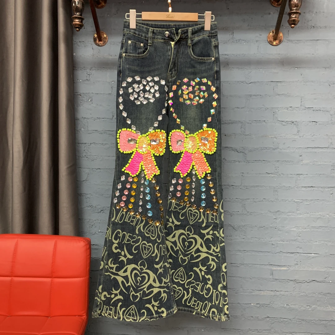 2025春季新款弹力满钻显瘦牛仔喇叭裤