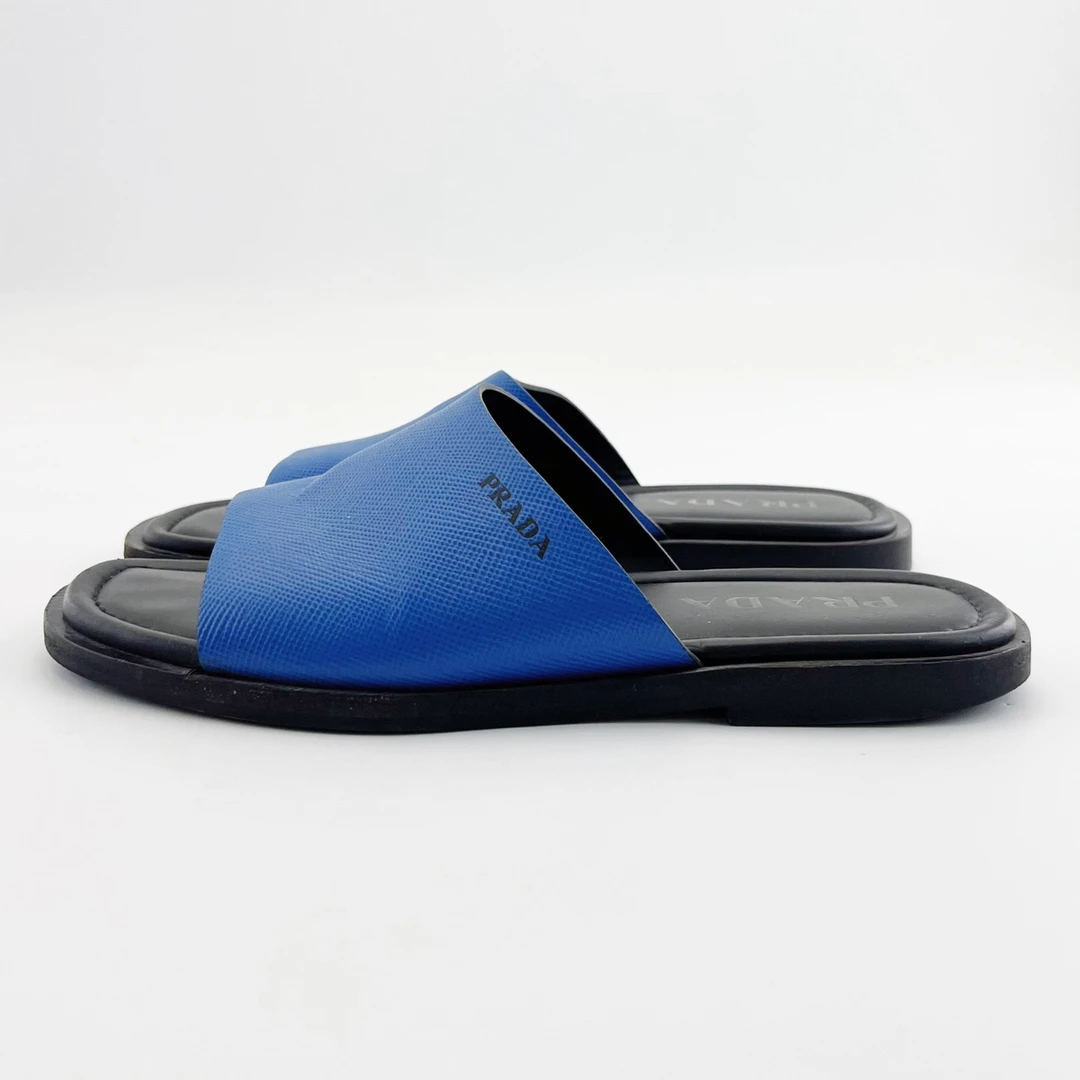 95新 Prada/普拉达 41码/蓝色方圆头平底皮革休闲拖鞋/9629626