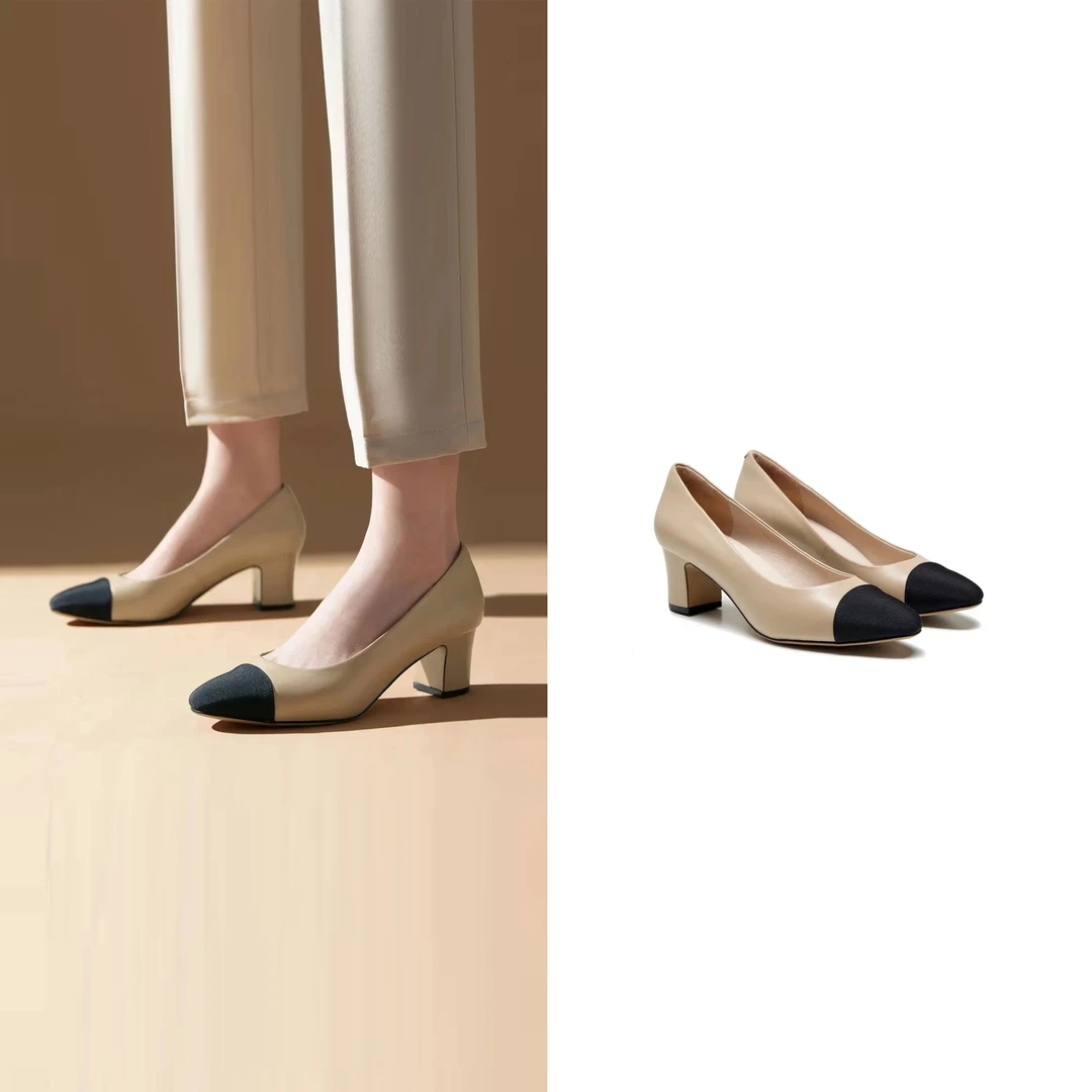 气质小香风拼色粗跟单鞋E2B11120 舒适时尚百搭女鞋