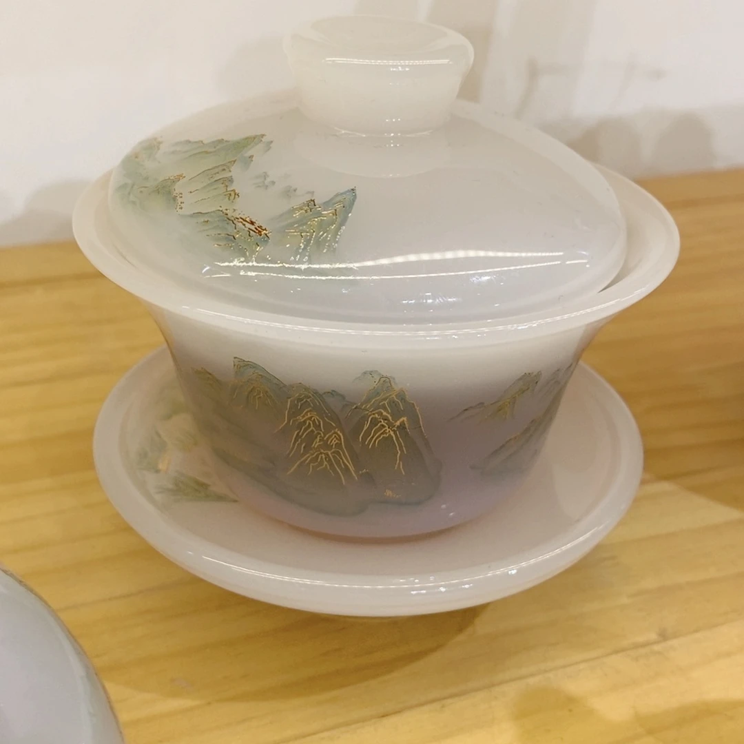 千里江山盖碗一副