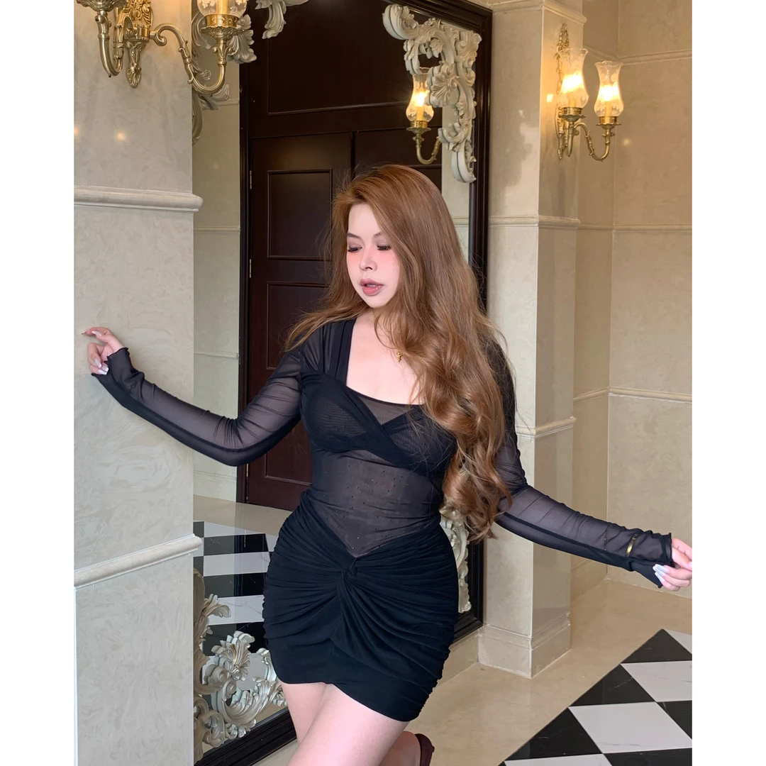 歌剧魅影性感网纱纯欲假镂空加内衬遮肉显瘦连衣裙包臀裙G141