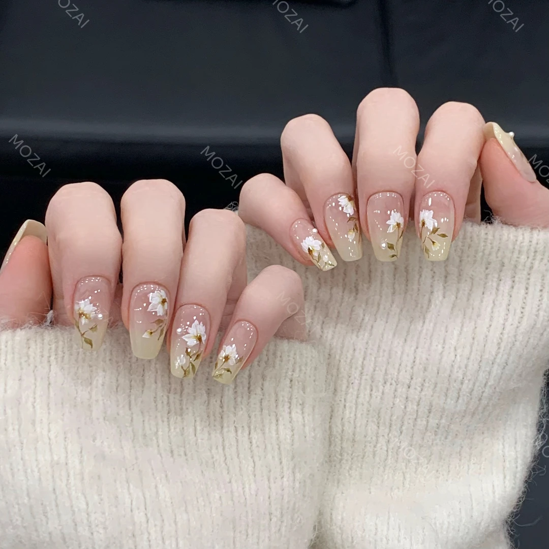 茉哉VIP高定【水彩手绘/早秋银莲】纯手工定制美甲穿戴甲F0041