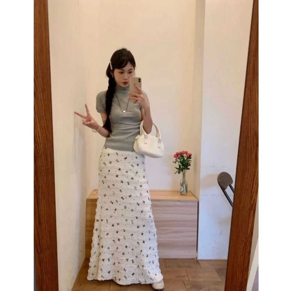 韩系度假风蝴蝶结印花蕾丝碎花鱼尾半身裙高腰夏季显瘦纯欲长裙