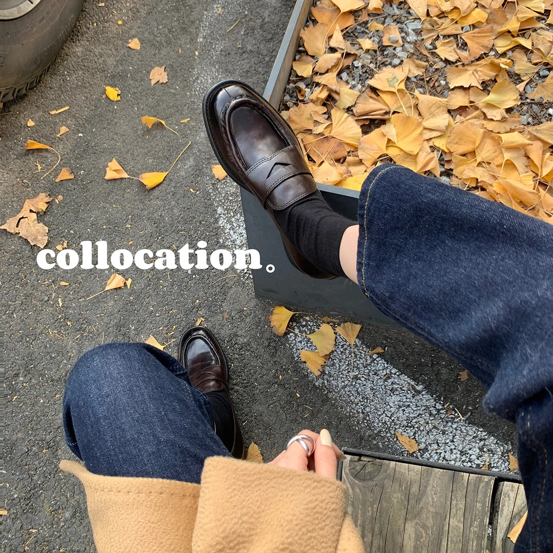 葡萄studiolee 复古英伦风单鞋进口胎水牛粗跟乐福小皮鞋女秋新款