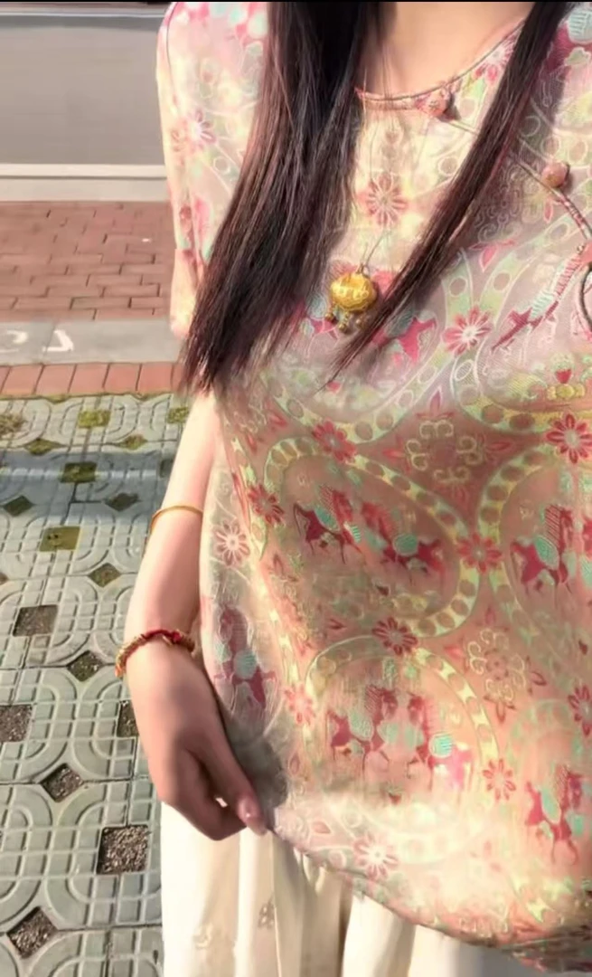 禾意【短袖】老钱风女装新中式桑蚕丝异色萝宋锦上衣百搭舒适凉快