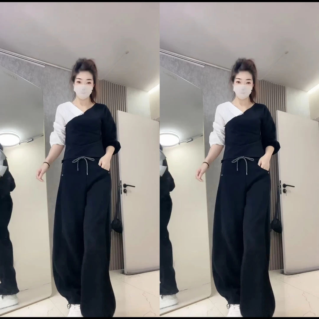 中高腰撞色松紧腰慵懒百搭宽松秋冬卫裤上衣衬衫套装两件套