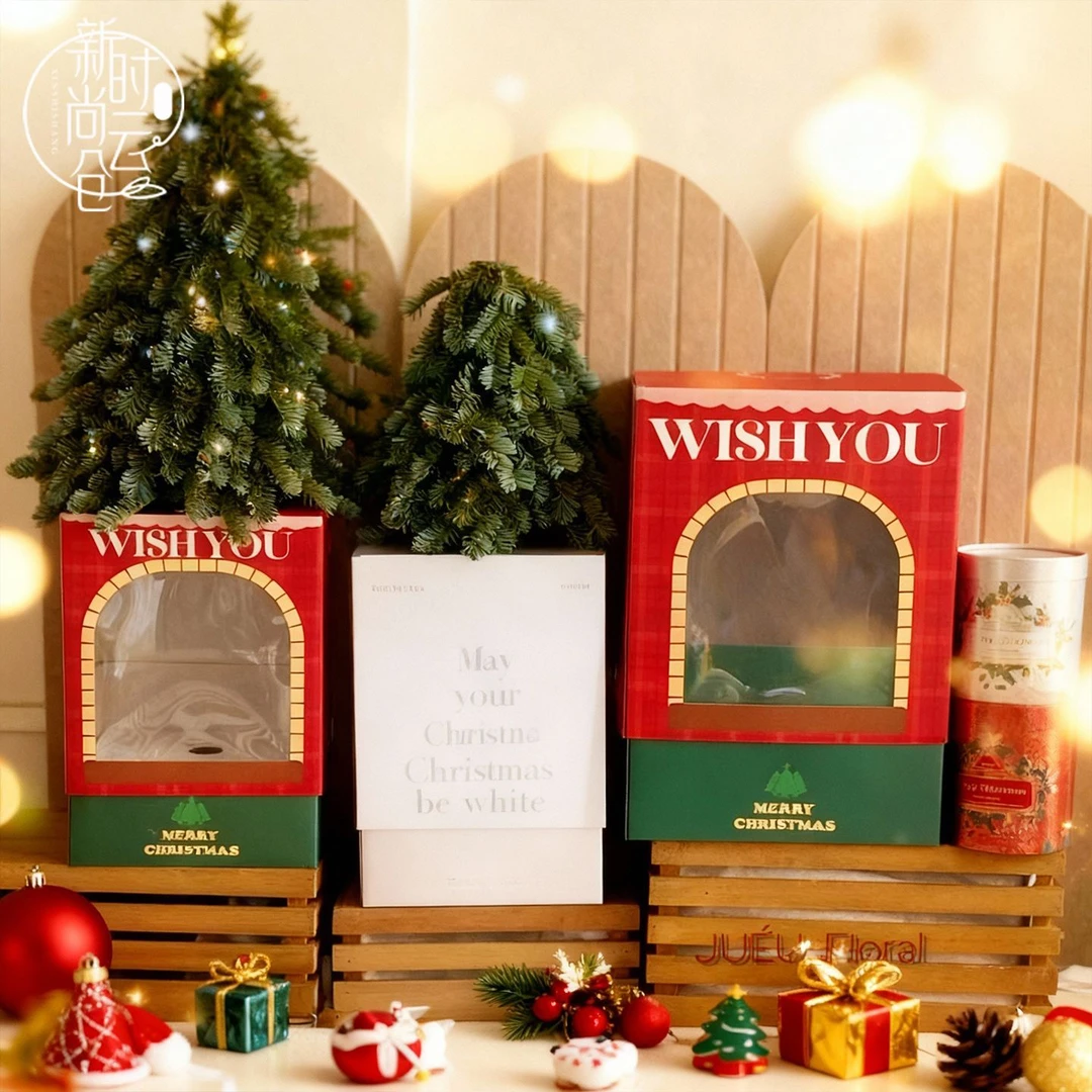 圣诞节创意开窗方形包装盒立体圣诞树花盒平安夜花店花艺包装材料