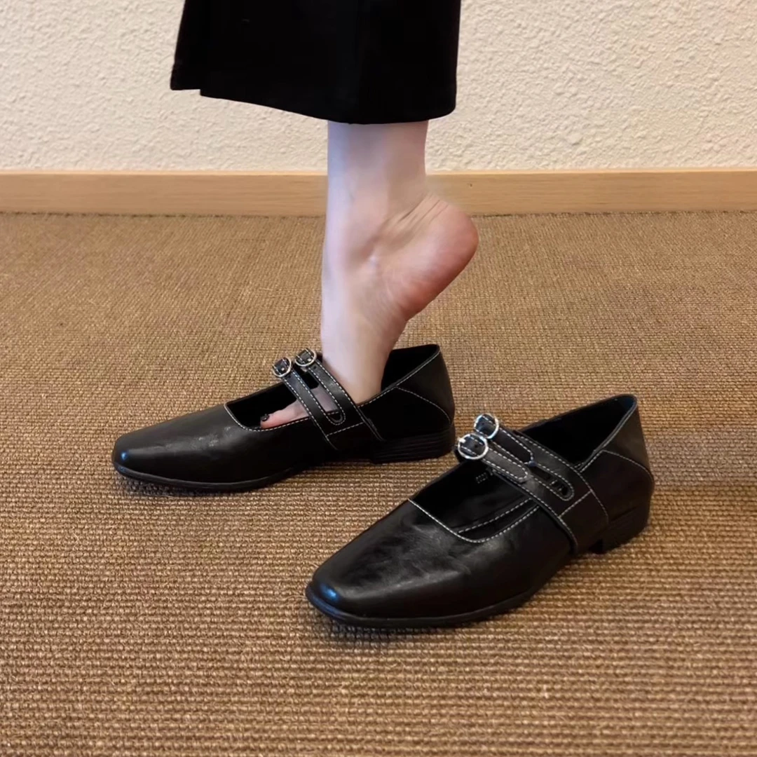 Pokoy-2cm复古舒适浅口平底方头一字扣女单鞋平底鞋浅口复古