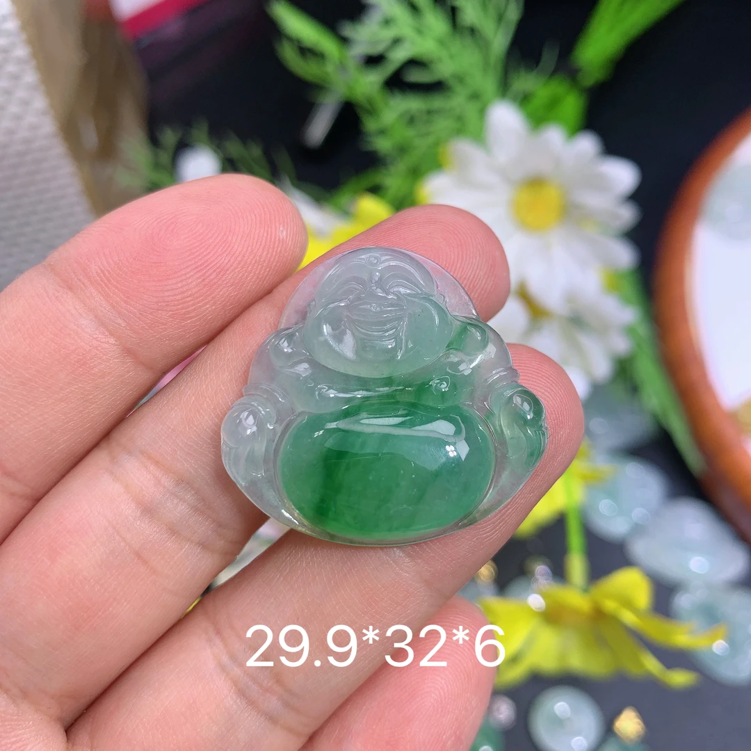 天然缅甸翡翠A货冰种阳绿佛公夏吊坠种老水足气质百搭精雕精美百