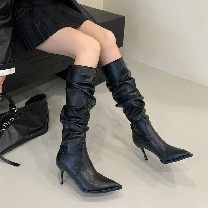 尖头细跟高筒靴女漆皮显瘦法式瘦瘦靴2025春秋季新款网红细跟皮靴