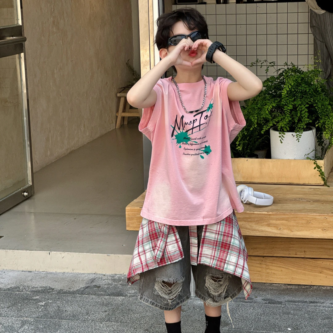 衣服儿童服装泰如2025宽松新款时尚男童洋气网红轧染字母外穿T恤