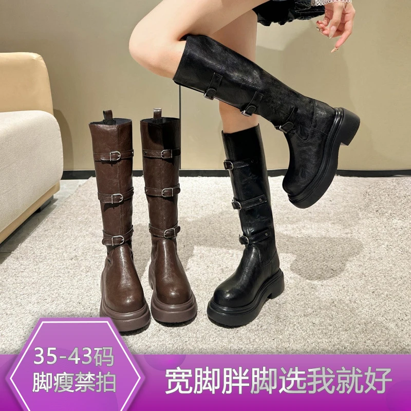 JS59334胖脚加宽加肥大码女靴【三扣骑士靴】软皮厚底长筒靴大筒围