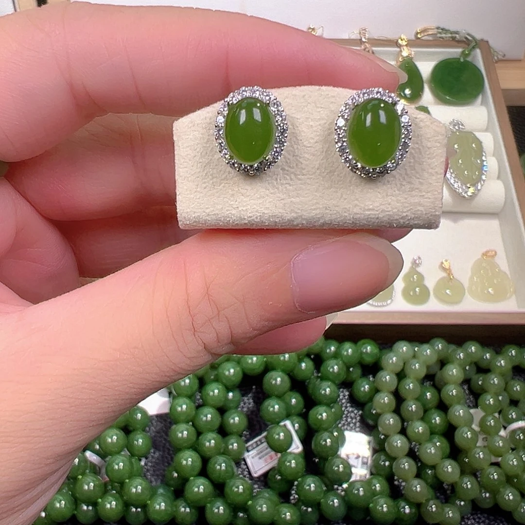 和田玉（碧玉）银S925镶嵌耳饰