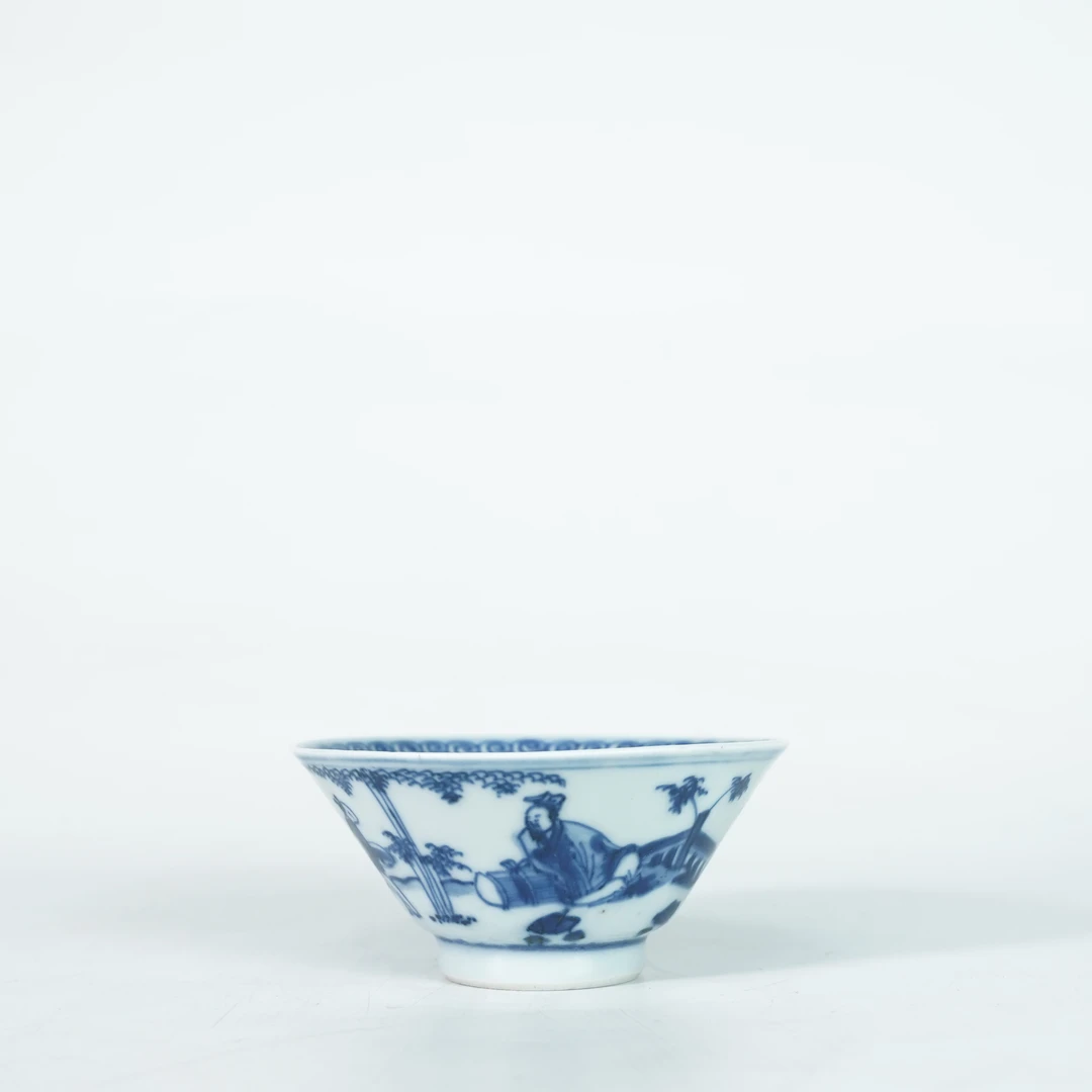 LABCSN251220001【十竹斋】明天启高仕人物青花斗笠杯