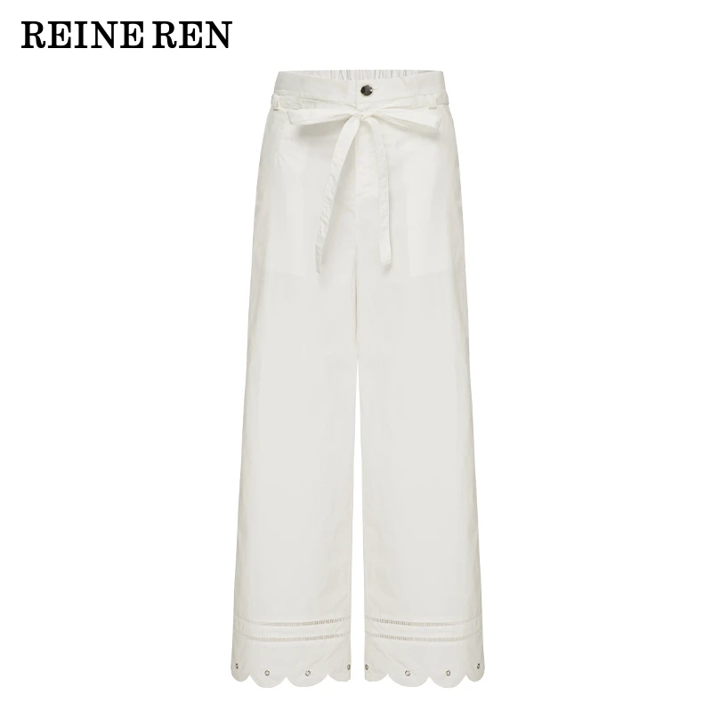 【新品】REINEREN设计师任茜2025夏季棉质感波纹刺绣花边九分裤