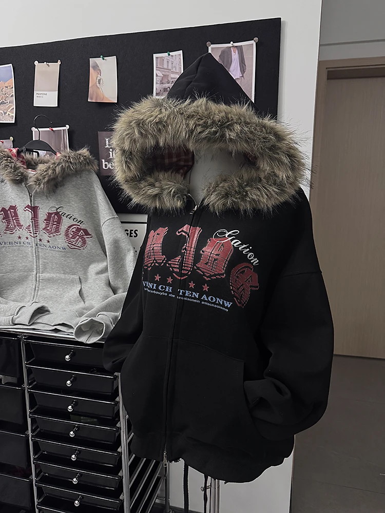 美式慵懒chic复古字母印花毛领连帽卫衣女生秋冬百搭短款开衫外套