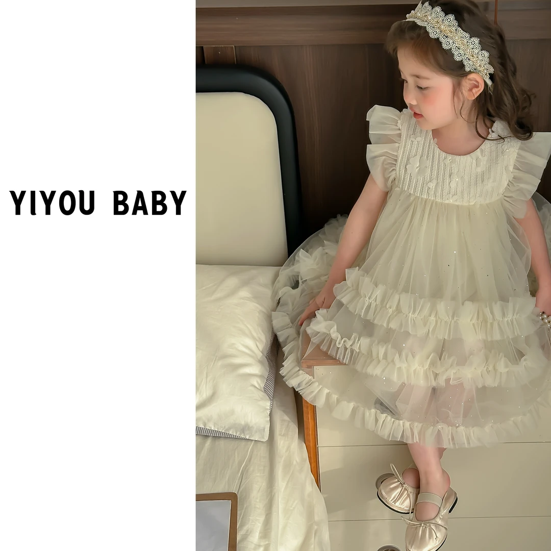 原创重工新款女童春夏香槟色周岁生日公主礼服裙小飞袖花瓣连衣裙