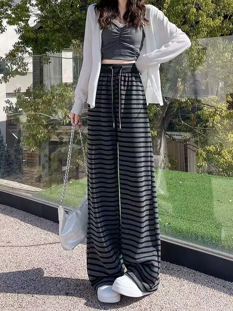 灰色春季高腰垂感宽松横条纹阔腿裤2503