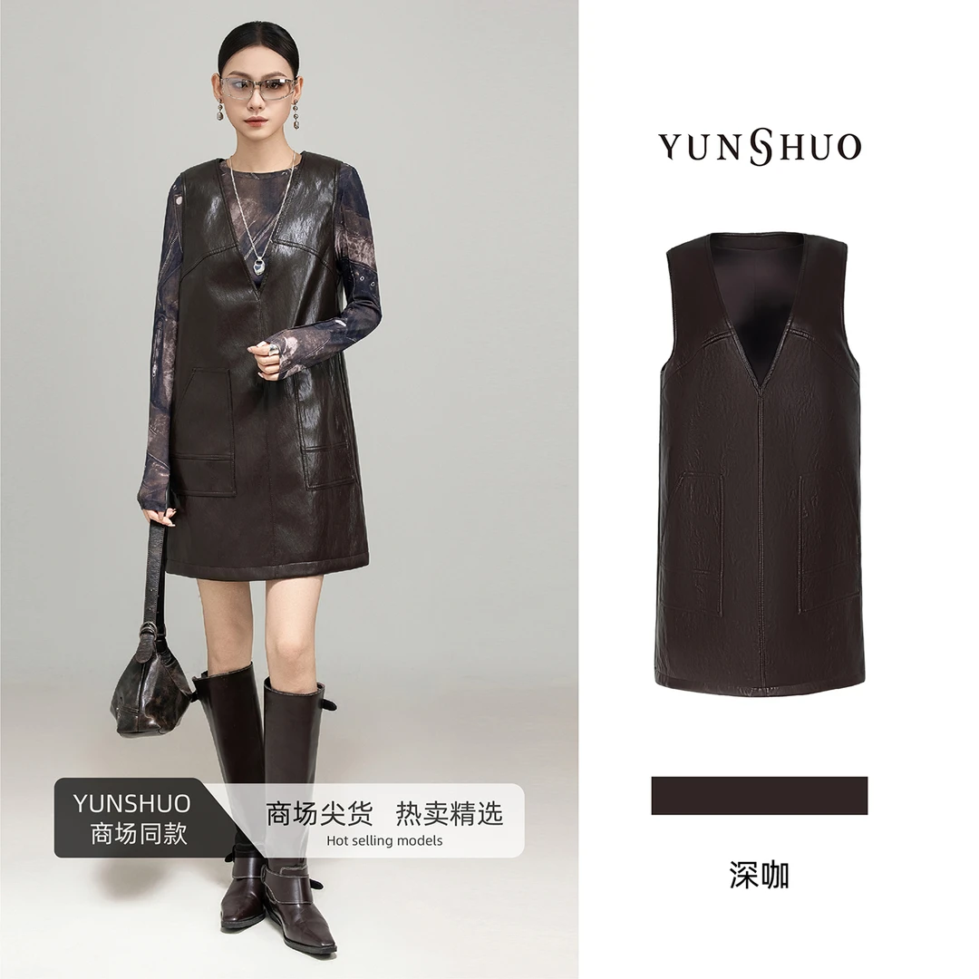 允硕新品琥珀复古风,V领时尚气质遮胯A字无袖女装连衣裙566428