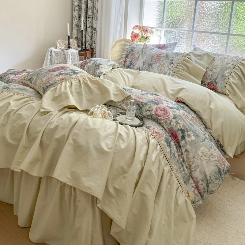 法式复古田园花卉全棉床上四件套纯棉公主风荷叶花边被套仙女床裙