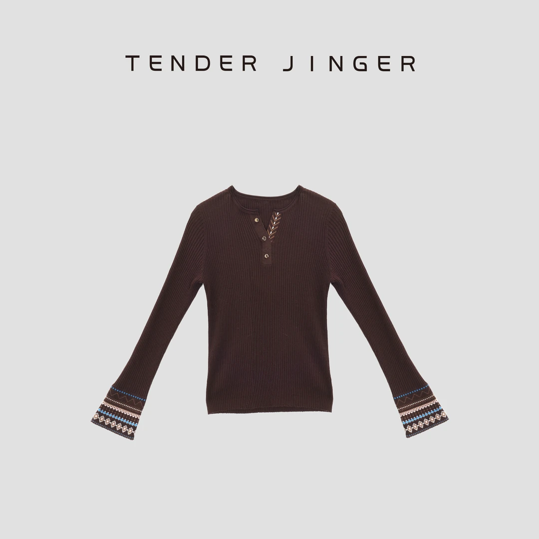 Tender Jinger【暮色旅人】小V领精纺羊毛长袖套衫T53KJJ41127