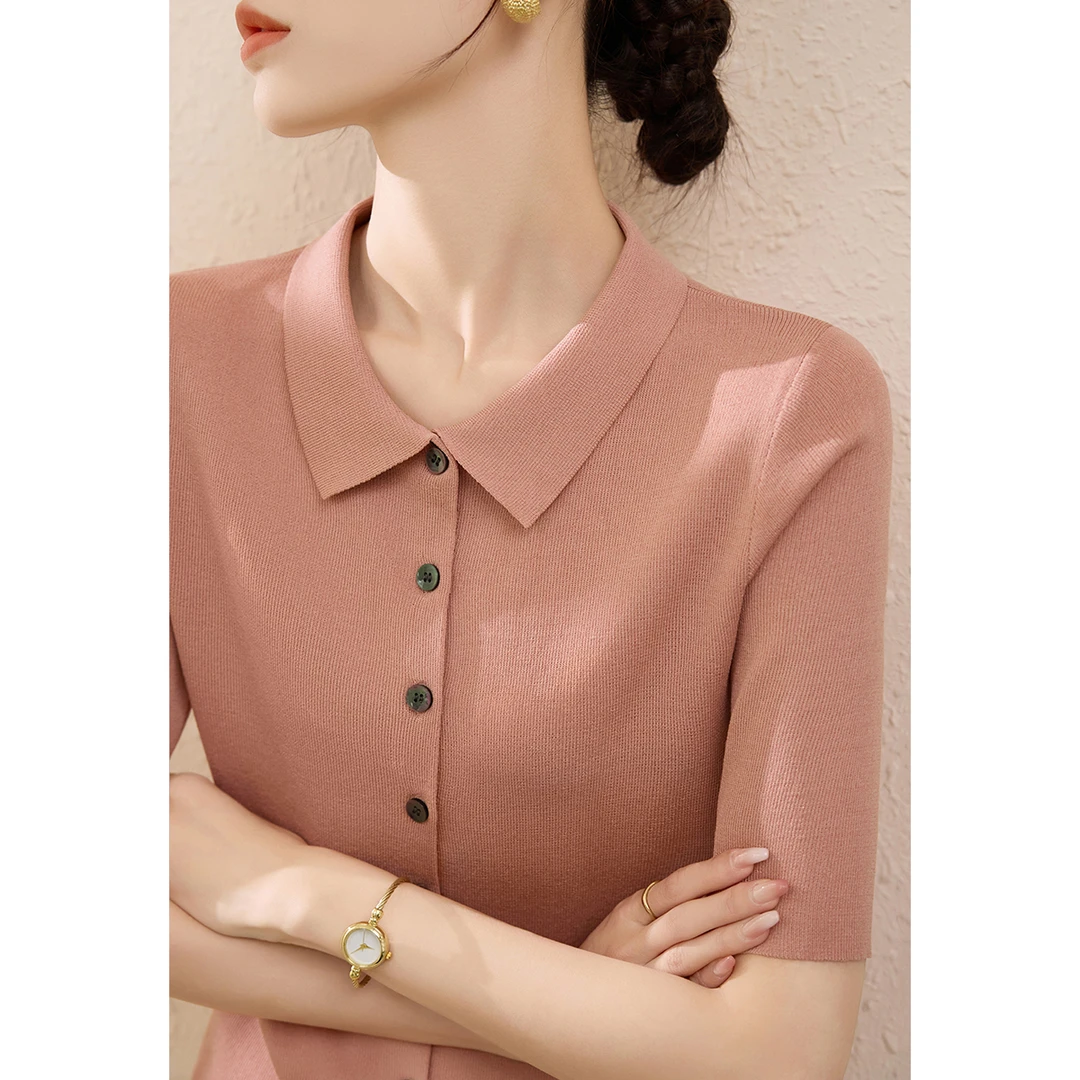 2025年夏季新款女装纽扣设计针织开衫修身POLO领冰丝正肩短袖上衣