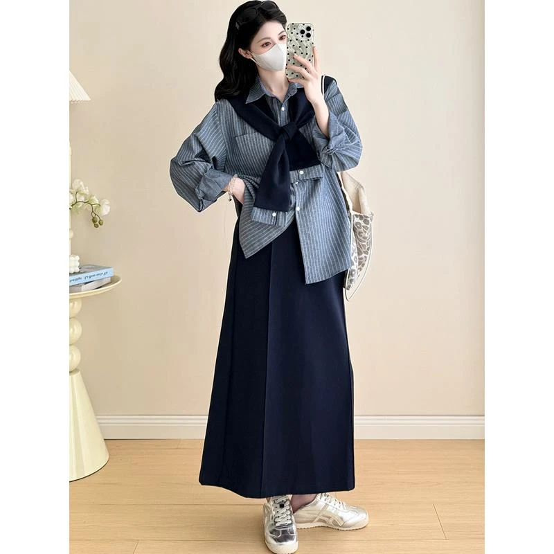 孕妇连衣裙春秋2025新款时尚潮妈慵懒风衬衫披肩半身裙三件套