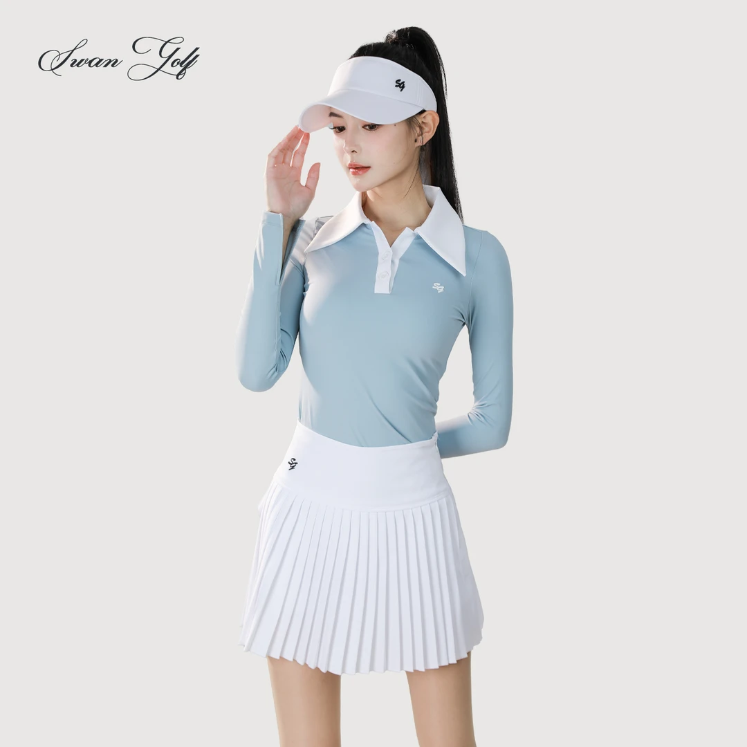 SG高尔夫女装厚款大翻领长袖简约纯色修身运动球服高腰百褶裙女