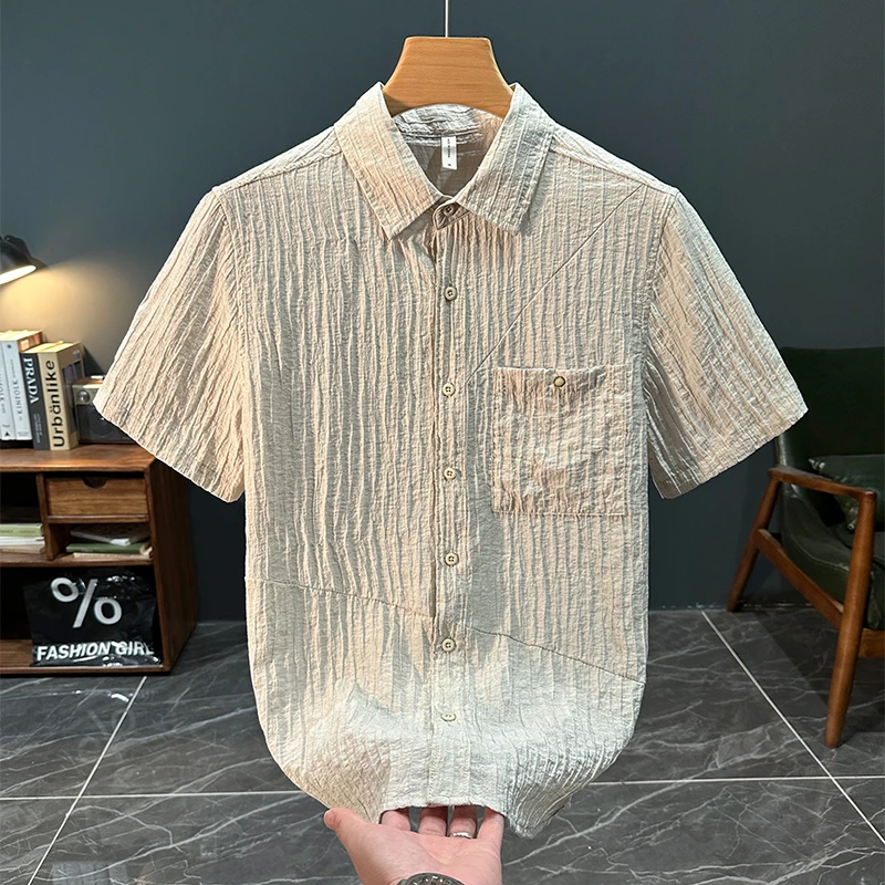 夏季潮牌日系纯色纹理短袖衬衫男士轻奢时尚百搭休闲舒适宽松衬衣