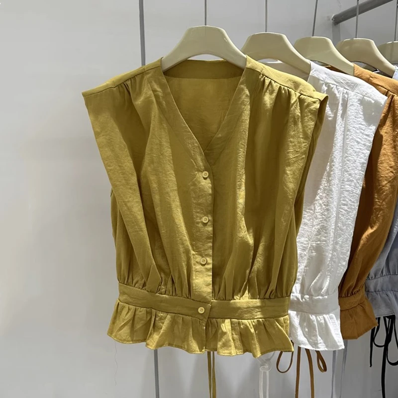卡莲格/韩系V领褶皱下摆系带衬衫女夏季胖mm收腰显瘦无袖气质衬衣