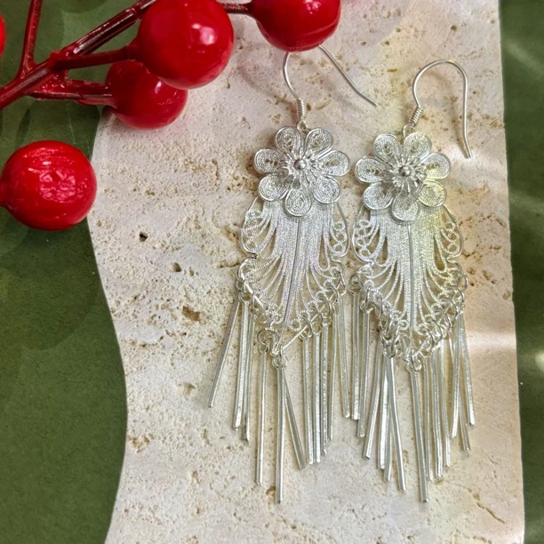 足银耳饰 手工拉丝梅花流苏耳饰【银琢银饰】足银990耳饰气质轻奢