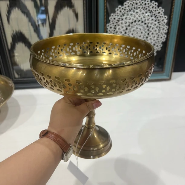 复古黄铜镂空高脚果盘家用装饰摆件