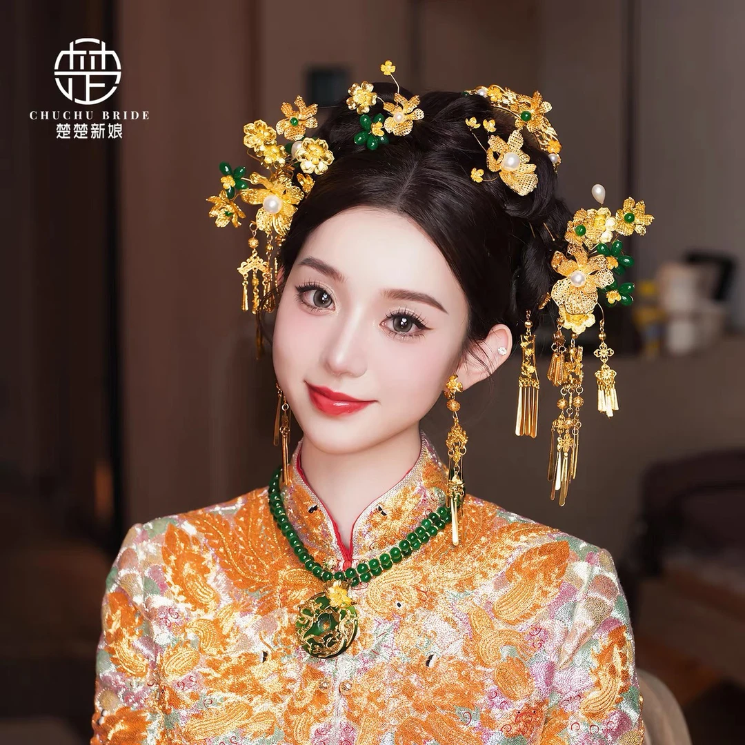 金色系古风新娘头饰金绿撞色龙凤褂汉服配饰古装秀禾服结婚饰品女