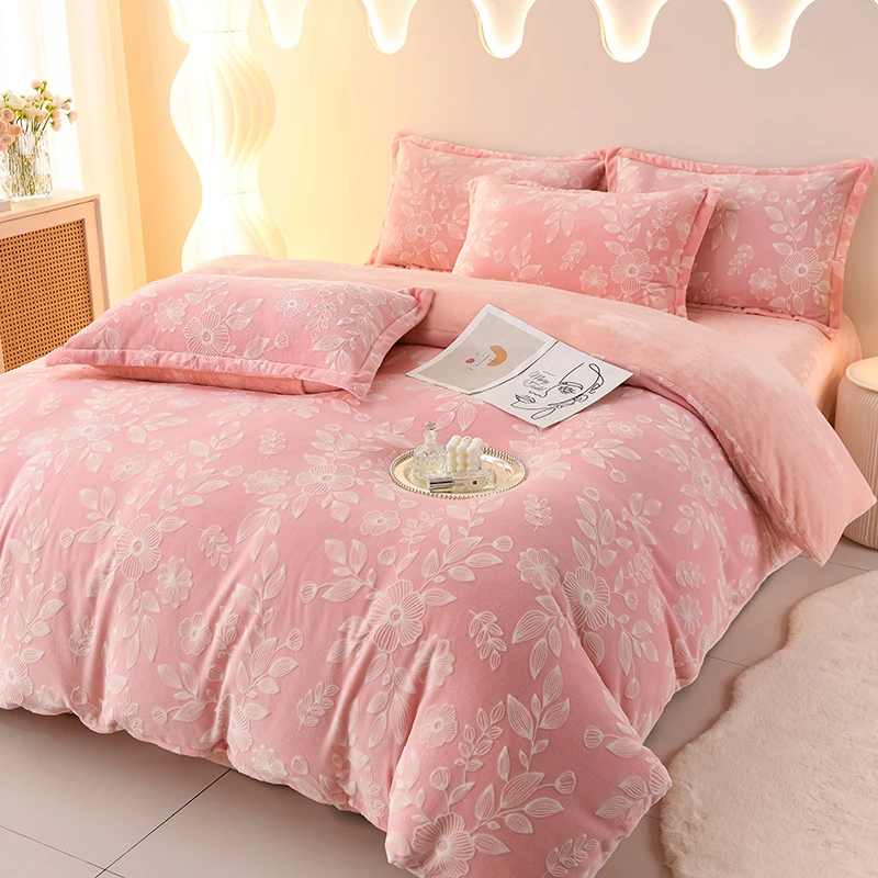 加厚牛奶绒雕花四件套8-9斤裙摆床单被套5D立体浮雕保暖冬新款