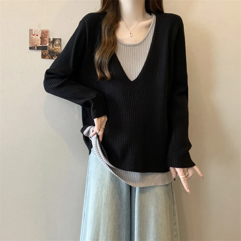 大码女装遮肚子撞色拼接长袖针织衫女春秋胖妹妹百搭假两件打底衫