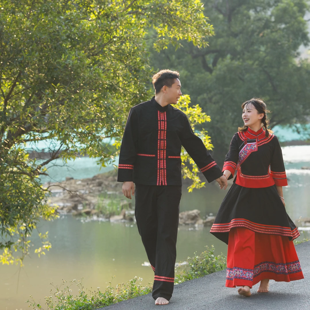 壮族手工棉土布情侣婚服套装 包邮