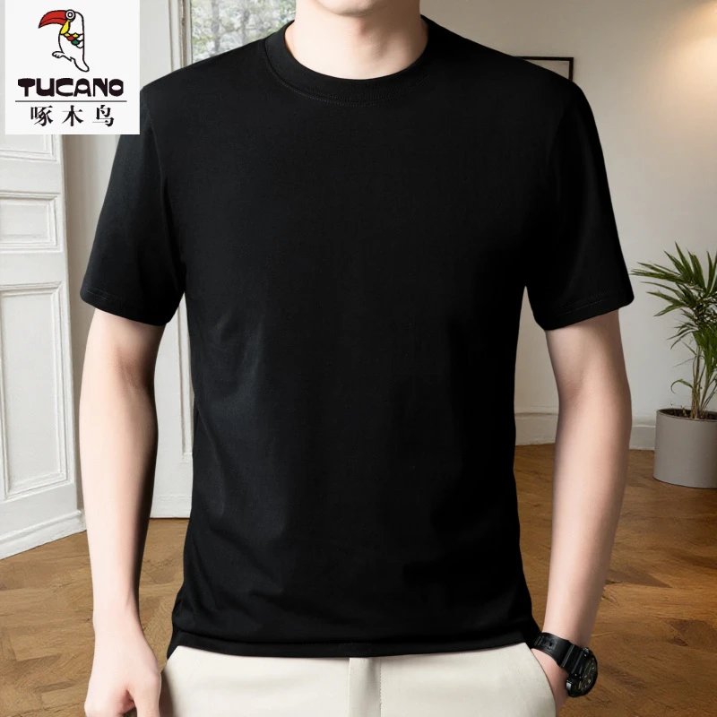 啄木鸟纯色冰丝圆领莫代尔棉男士短袖t恤体恤半袖白色打底衫夏季