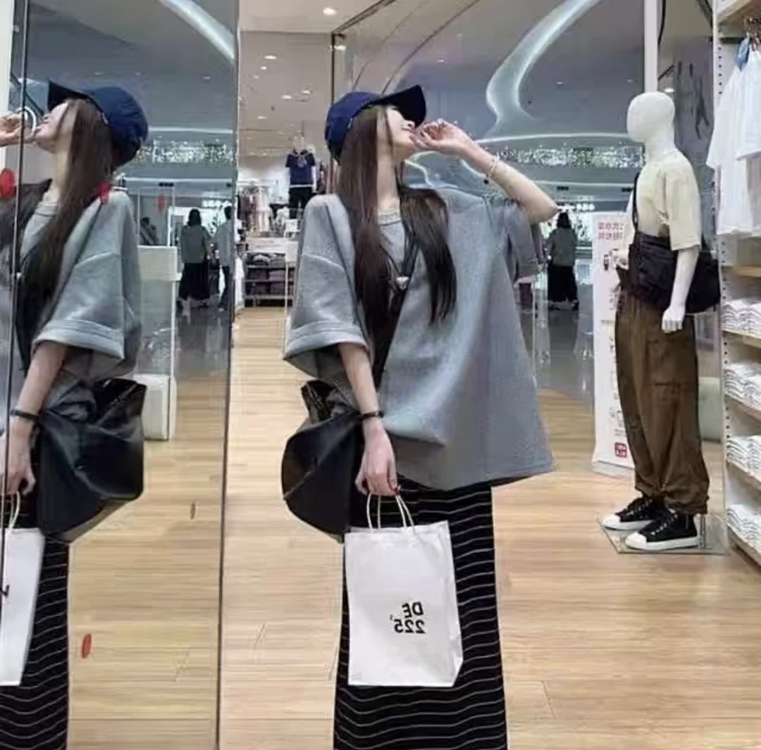 小两口路夏季宽松半袖条纹半身裙套装96161.96171