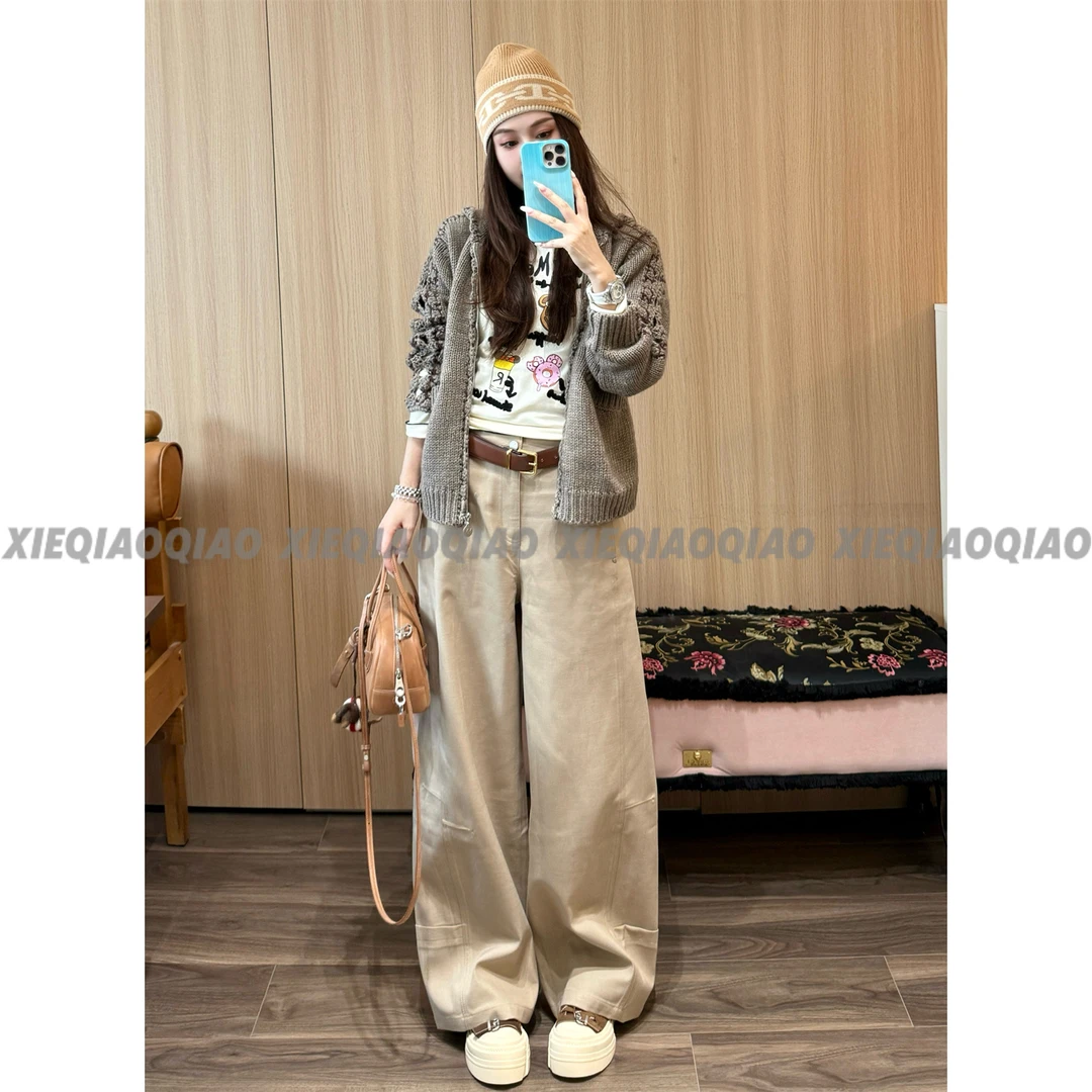 谢荞荞「松弛藏肉」早秋新款莱赛尔铆钉设计大口袋纯色休闲弯刀裤