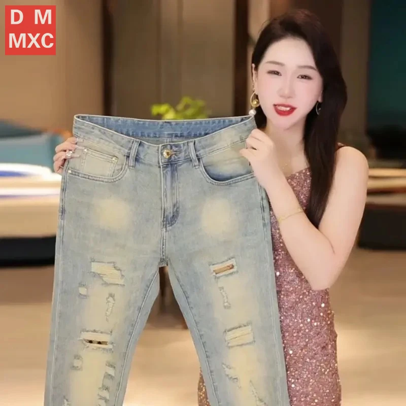 烫钻轻奢尼纳灰夏季薄款牛仔裤潮牌欧版男士修身小直筒显瘦长裤子