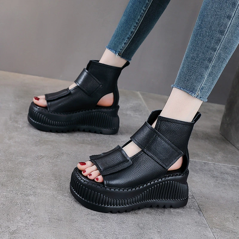 时尚黑色夏季厚底高帮透气镂空松糕底罗马鞋鱼嘴鞋高跟鞋凉鞋女鞋