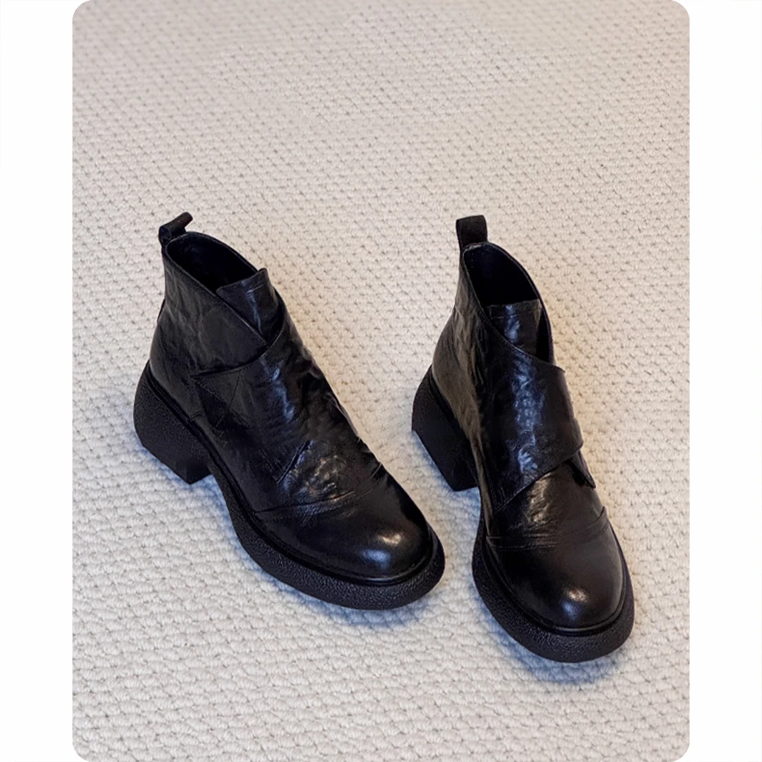 牛皮版~厚底短靴女复古魔术贴小个子增高瘦瘦靴英伦风马丁靴秋冬