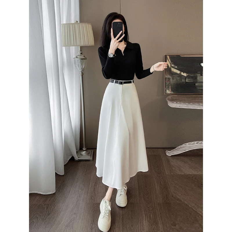 法式白色半身裙女春秋小个子大摆A字百褶裙高腰中长款赫本风伞裙